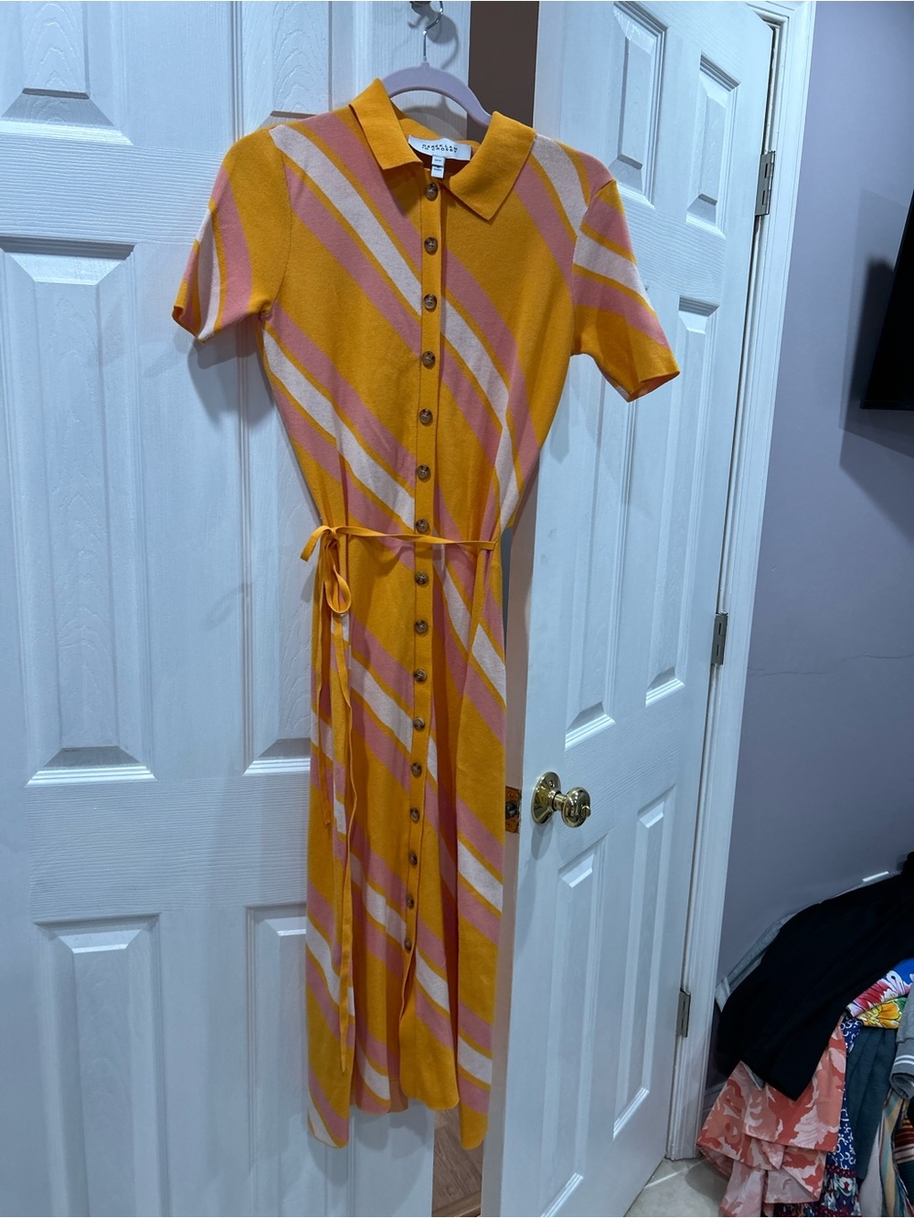 Derek Lam Mustard Yellow, Pink & Cream Striped Collared Midi Dress